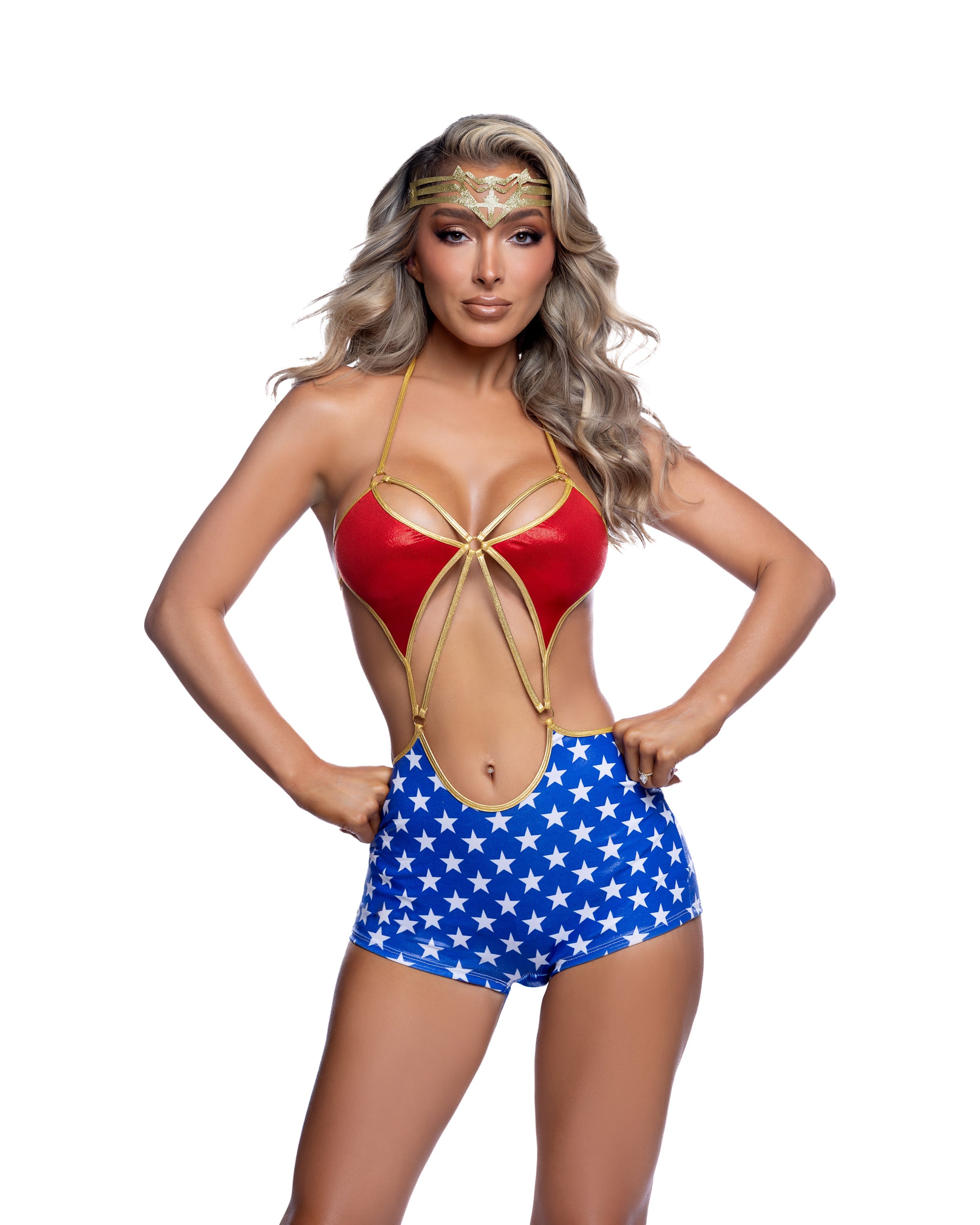 Sexy Wonder Woman Halloween costume women red blue white warrior headpiece bodysuit exclusively at RaveFix - front view